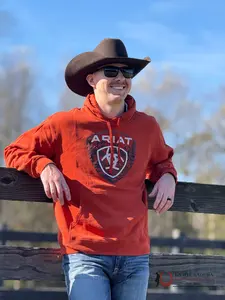 Ariat Mens Forest Badge Hood Dark Orange 2458 Long Sleeve Fitted Casual Sherpa Lined Sweatshirt with Chest Pocket