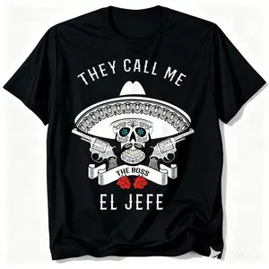 They Call Me El Jefe The Boss Joke Cinco De Mayo T-Shirt Cotton Graphic T-Shirt Casual Menswear Soft Top Vintage Distressed Design