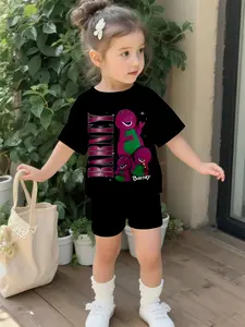 Barney the Dinosaur Happy Time Baby Girl Clothing Set with Digital Print, 100% Polyester Infant Short Sleeve Set, Cute Casual Outfits for Baby Girls, T-Shirts Suitable for Daily and Outdoor Activities, Perfect Gift for Infants