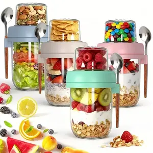 4 Pack Overnight Oats Containers with Lids And Spoons, 20 Oz (16+4) Overnight Oats Jars, Glass Mason Jars with Dry And Wet Separation for Oatmeal Salad Yogurt, Dual-Layer Yogurt Containers with Lid