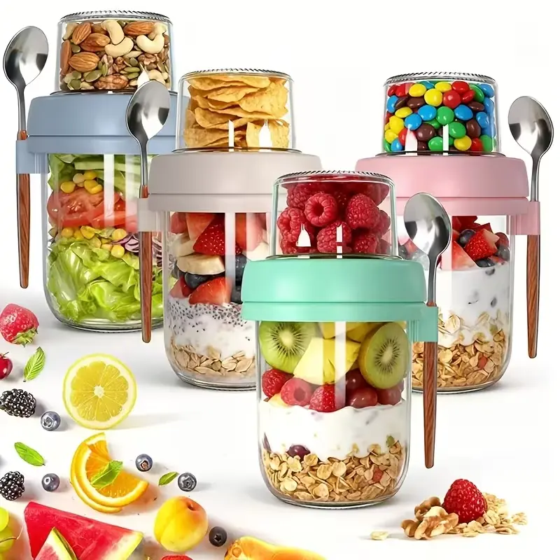 4 Pack Overnight Oats Containers with Lids And Spoons, 20 Oz (16+4) Overnight Oats Jars, Glass Mason Jars with Dry And Wet Separation for Oatmeal Salad Yogurt, Dual-Layer Yogurt Containers with Lid