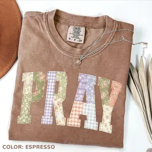 (Print) Comfort Color Pray T-shirt, Faux Quilted Religious Shirt, Christian Apparel, Preppy Cottagecore Jesus Tee