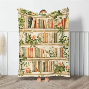 Vintage Library Blanket, Boho Wildflowers Bookish Blanket  Cottagecore Book Wildlowers Blanket Gift For Book Lover Library Gift Floral Bookish Gift For Reader Blanket All-Season Home Bedroom Bed Sofa Picnic Cover Family Friends and Chridren Perfect Gift C