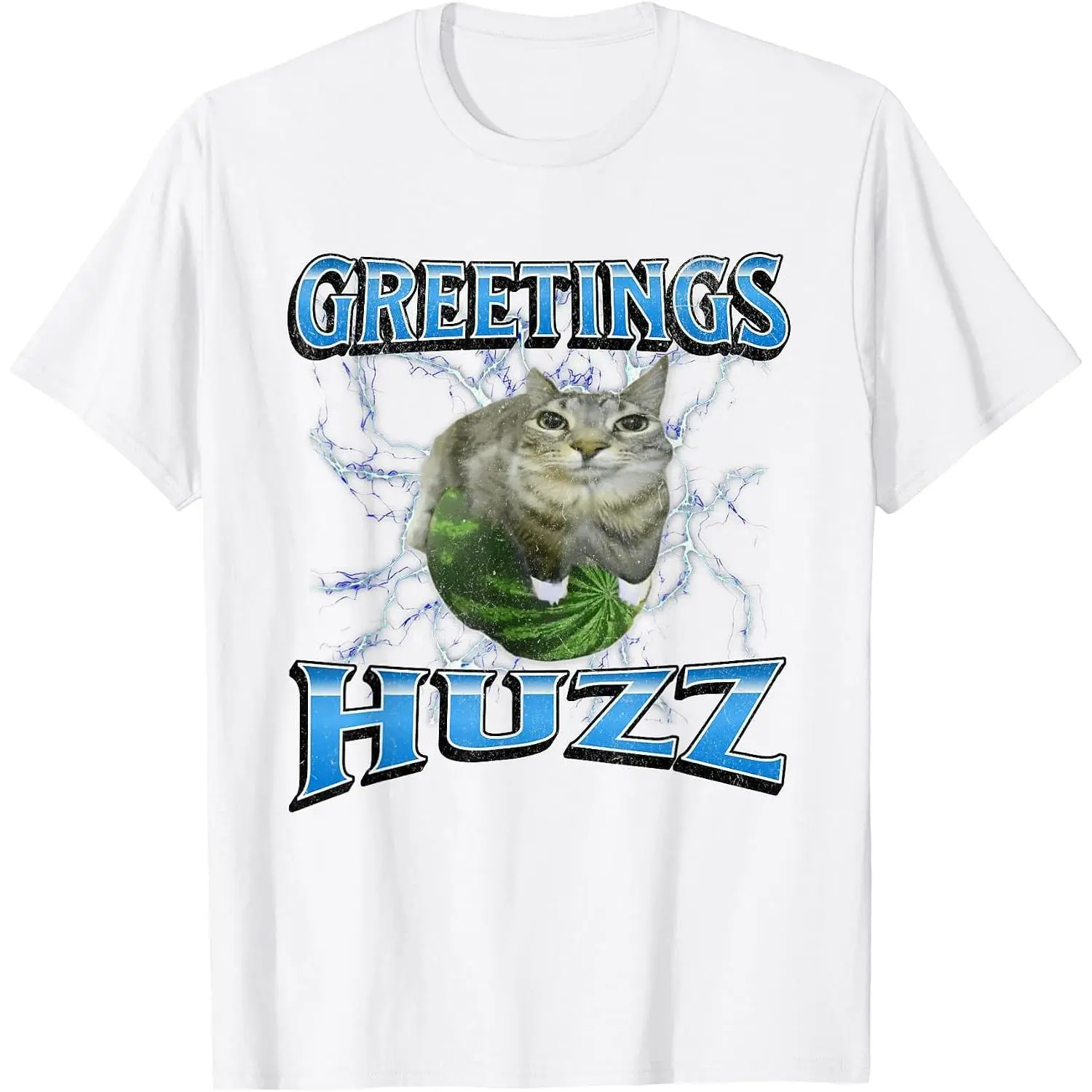 100% Cotton Greetings Huzz Funny Watermelon Cat Meme Bootleg Graphic T-Shirt Unisex White Clothing Streetwear
