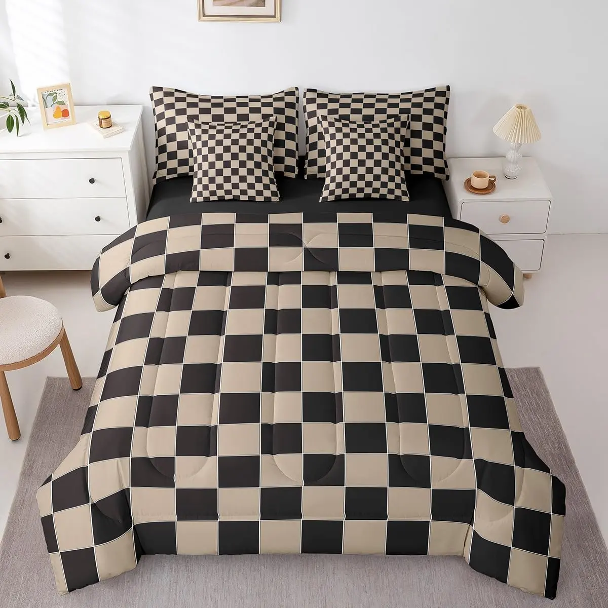 Feelyou 7-Piece Microfiber Bedding Set - Breathable Soft Blanket, Geometric Plaid Checkerboard Pattern, Beige Black Brown Modern Aesthetic Bed-in-a-Bag with Sheets, for Girls, Holiday Use