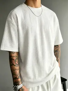 Men's Geometric Texture T-Shirt, Clean Fit Minimalist Street Style Round Neck Top, Casual Fitted Short Sleeve Plain Design