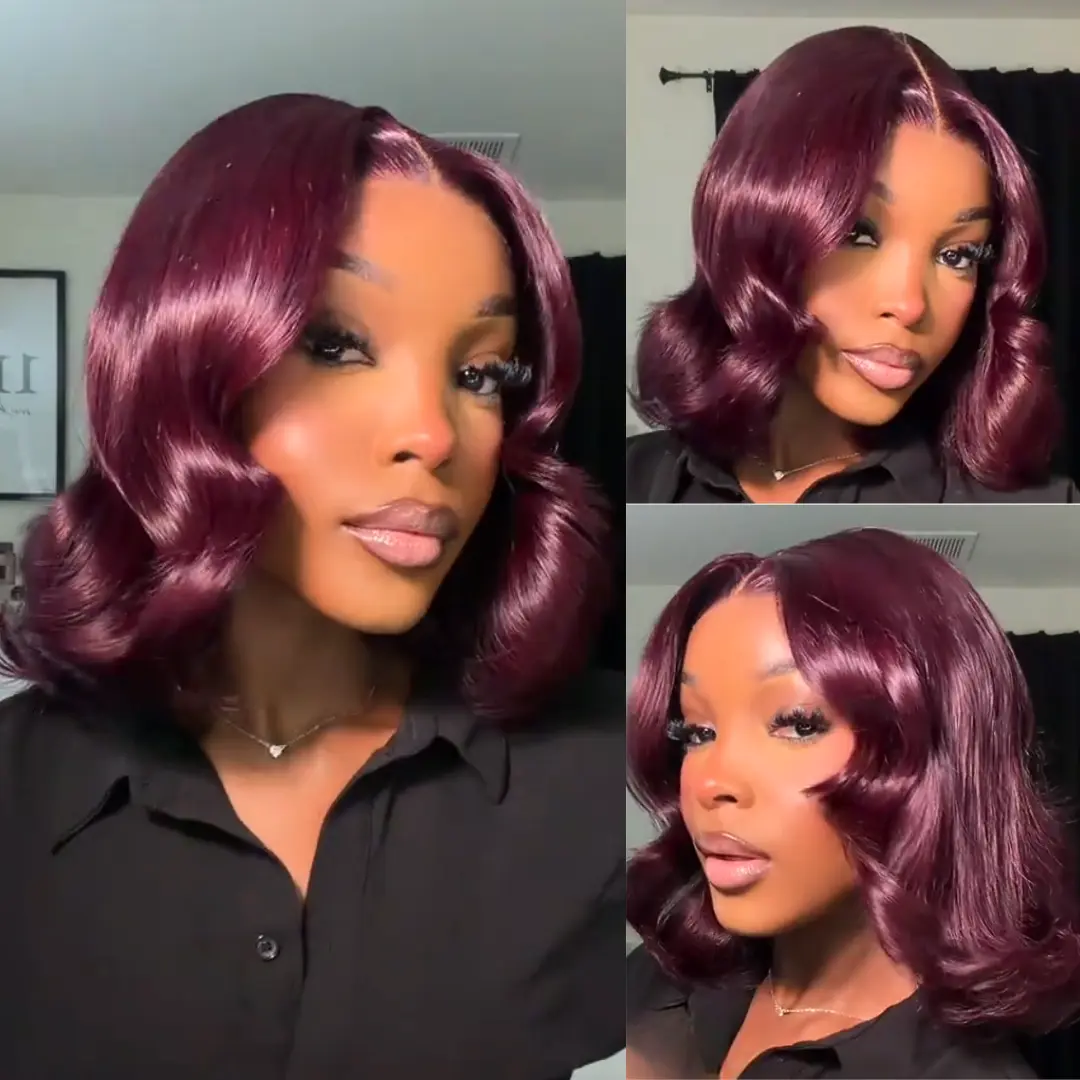 UNice Glueless Black Cherry Body Wave Bob Wigs with Curtain  display picture 2
