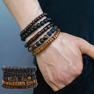 5pcs Men's Tiger Eye Stone & Wood Bead Bracelet Set - Elastic Stretch Cord, Synthetic Stone Marbled for April Birthstone Gift, Tiger Stripe Pattern for Daily Wear Gift