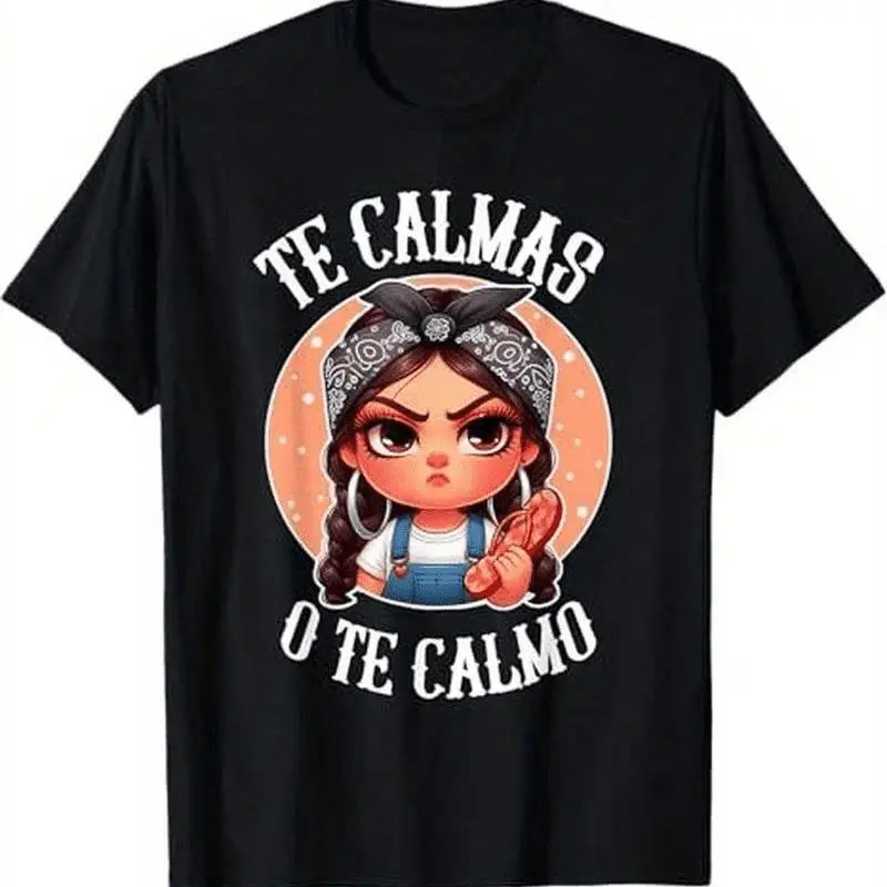 Women's 100% Cotton Short-Sleeve Black Graphic T-Shirt - Sport Chic, Minimalist, Athletic Chic, Sarcastic Mom Chancla "Te Calmas o Te Calmo" Spanish Slogan Plaid Print Womenswear Top, T-Shirt Top, Crew Neck