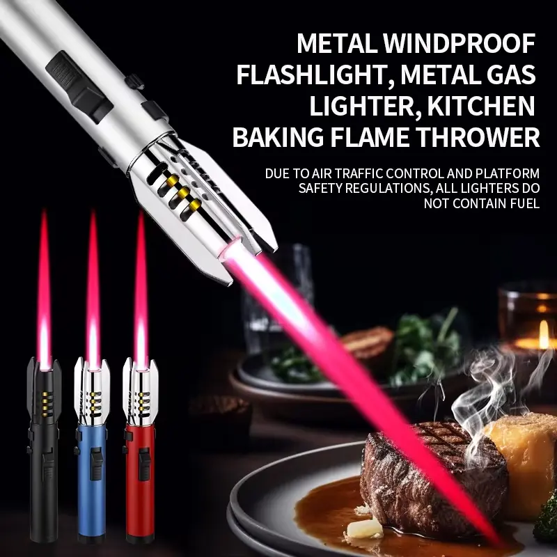 1 piece, butane torch windproof lighter, Metal Windproof refillable kitchen cooking torch, adjustable flame, sun beam torch and safety lock, suitable for baking caramel pudding, suitable for barbecue, camping, welding, stove (excluding butane)