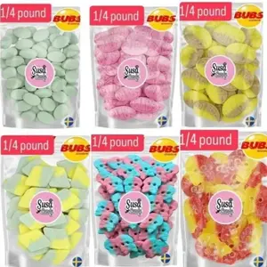 Bubs Swedish candy 1/4 bags - Swedish Candy Snack Sweet Strawberry Pomegranate Foam Ovals - Bubs Sour Dizzy Skulls -  Bubs Giant Sour Skulls - Banana Toffee Foam Ovals - BUBS Tutti Frutti Rombs - Bubs Sour Pear