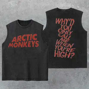Double-sided Arctic Monkeys Washed Tank Top, Retro Rock Band Appreal, Gym Essential, Vintage Casual Crewneck Short Sleeves Menswear T-shirts Classic Cotton Fabric Streetwear