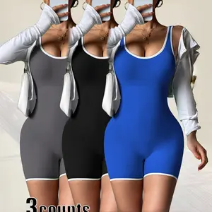 Hijesse Women's Red Seamless Workout Bodysuit, Sculpting One Piece Jumpsuit, Compression Gym Romper for Boxing, Fitness, Yoga, Breathable Athletic Onesie with White Trim, Perfect for Spring & Summer Outfits