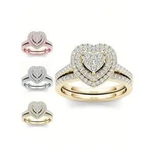Mother's Day Gift Elegant Women's Zinc Alloy Heart-Shaped Rhinestone Rings Set, Perfect Engagement Gift, Fashion Accessory for All Occasions, Heart Design Ring, Heart Cluster Ring