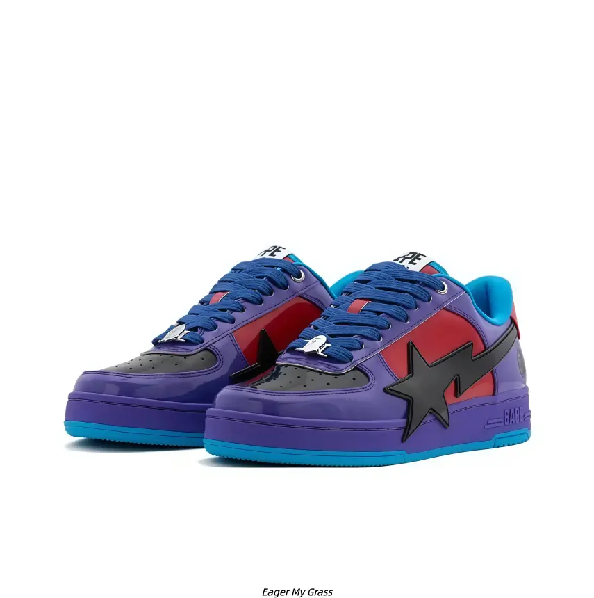 Purple Red Gloss PU Color Block Casual Skate Sneakers for Men Women, White Layer Flat Cushion Sole Shock Absorb Blue Anti-Slip Rubber Daily Walking Board Shoes