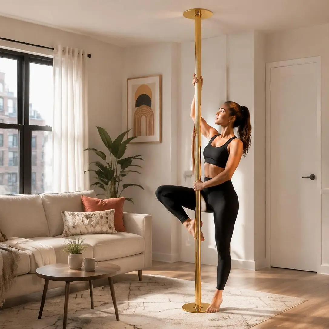 SAVEYOUR Gold Portable Dance Pole Kit, Steel Spinning & Static Pole for Home Gym with Strong Grip, Height 85 to 108.5 inches, Includes 5.5" & 10" Extensions