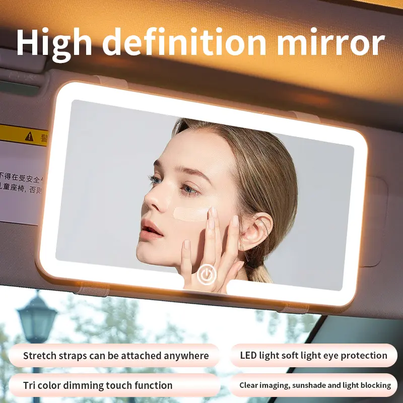 Car Sun Visor Vanity Mirror with 3 LED Lights, USB Rechargeable Touch-Sensitive Control, Tri-Color Dimming Touch Function for Enhanced Makeup Routine