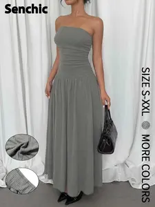 Elegant European Style Chic Minimalist Basic New Solid Dress, Halter Neck Sleeveless Shoulder Exposure Loose Fit Long Dress, All-Season Fashion for Women