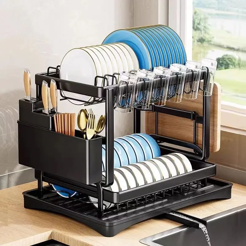 2 Tier Dish Drying Rack Dish Racks for Kitchen CounterMetal Dish Drainers with Knife Cup Utensil Holder, Blackdishdryerrack