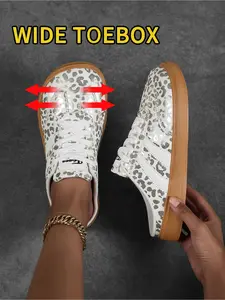 Gentle Baddie Vibe! White & Silver Leopard Print Mule Sneakers, Slip-On Soft-Sole Casual Walking Shoes, Ideal for Commuting, Strolling & Daily Outfits