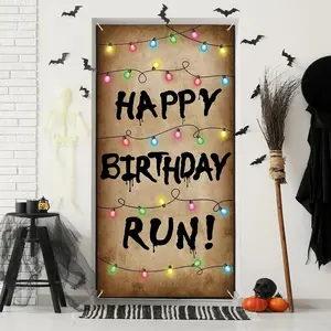 Spooky Rustic Alphabet Door Cover Retro Colorful Light Bulbs Door Banner Horror Flashing Colorful Light Bulbs Alphabet Wall Backdrop for Halloween Birthday Party Decorations Photo Booth Props180x90cm