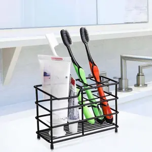 Stainless Steel Toothbrush and Toothpaste Holder for Bathroom – 7-Slot Black Organizer, Space-Saving Hygienic Storage with Modern Design for Countertop Metal Silicone Wall Mounted Shower Shelf Set Minimalist Lightweight