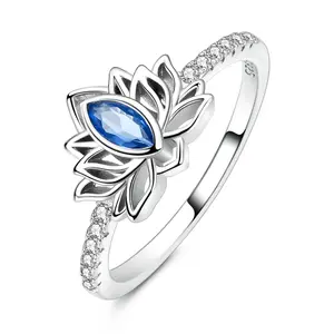 MULA 925 Silver-plated lotus ring with blue crystal, exquisite birthstone jewelry for girls, natural style floral gift for birthdays, Christmas, anniversaries