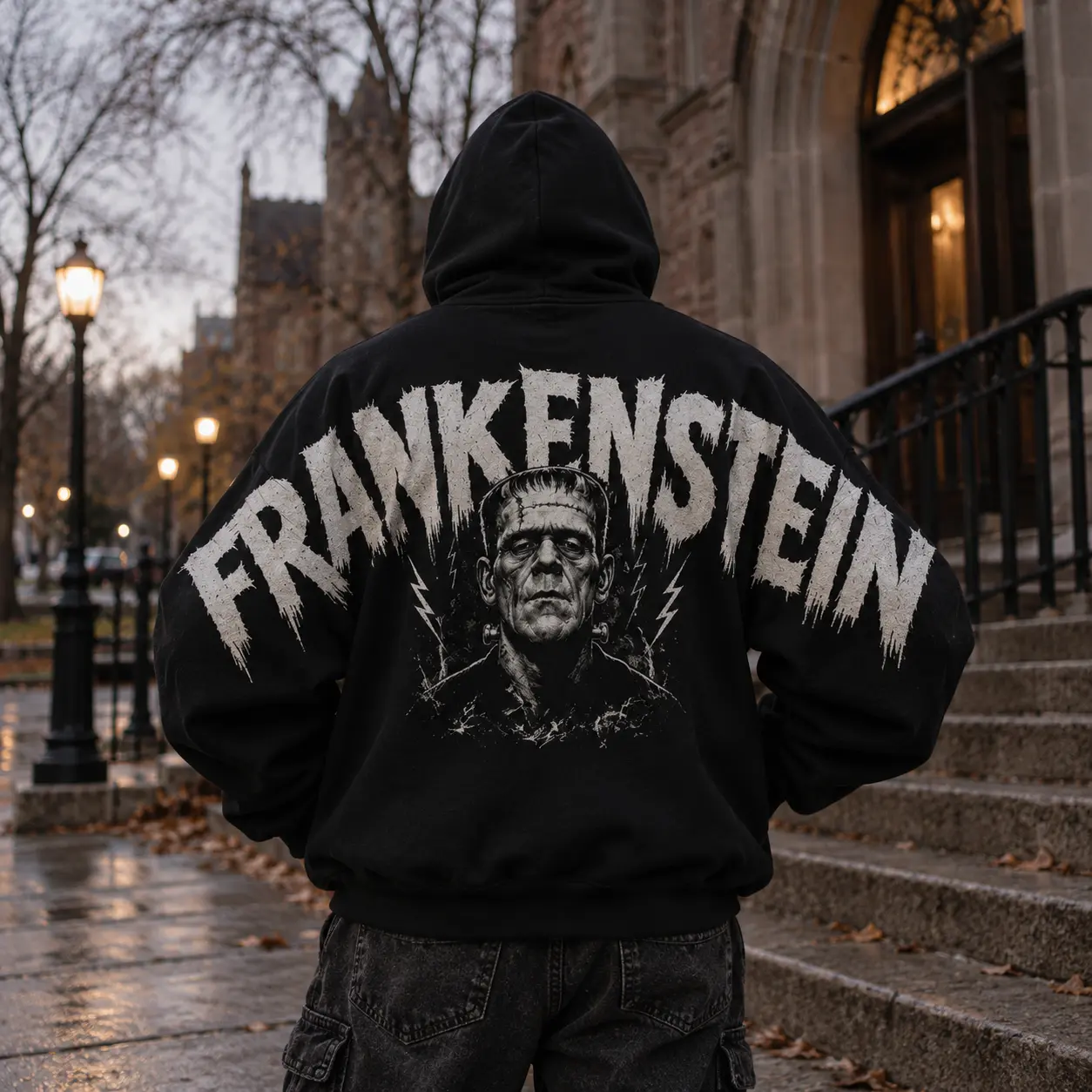 Frankenstein Horror Graphic Hoodie, Vintage Monster Back Print Hoodie, Black Halloween Hoodie, Classic Horror Inspired Pullover