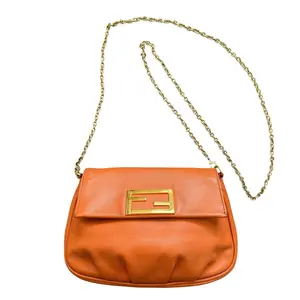 Pre-owned FENDI Crossybody Crossbody Bags Orange Leather Pochette Crossbody Bag Removable Gold Tone Chain With COA
