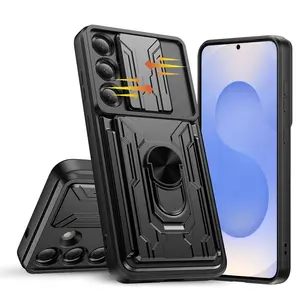 Case for Samsung Galaxy S25 Plus 6.7-inch with Slide Camera Cover, Rotated Ring Kickstand Military Grade Shockproof Protective Cover-Black
