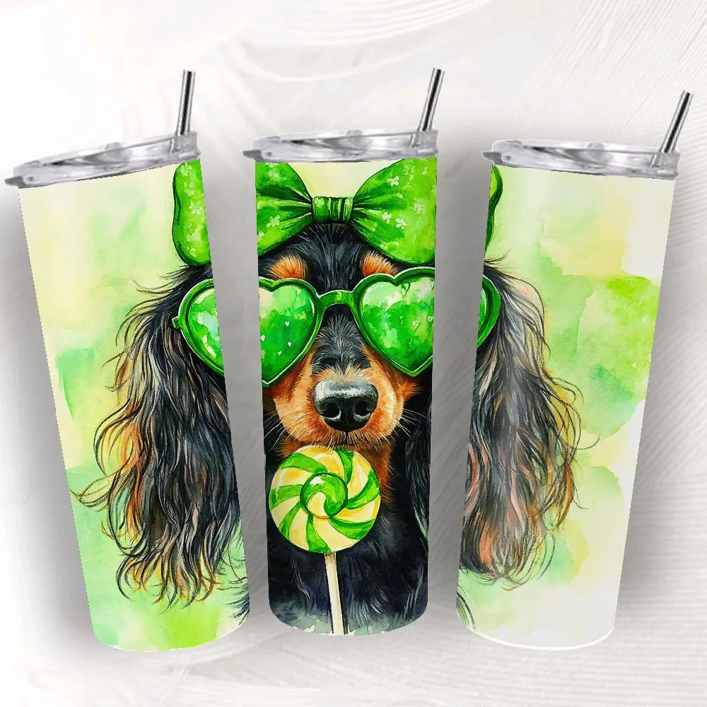 Dachshund St Patrick's Day 20oz Tumbler - Black Dog with Bow Tie, Green Sunglasses Lollipop Design - Bottle Mug Cup perfect gift Flasks Drinkware Bottled Portable
