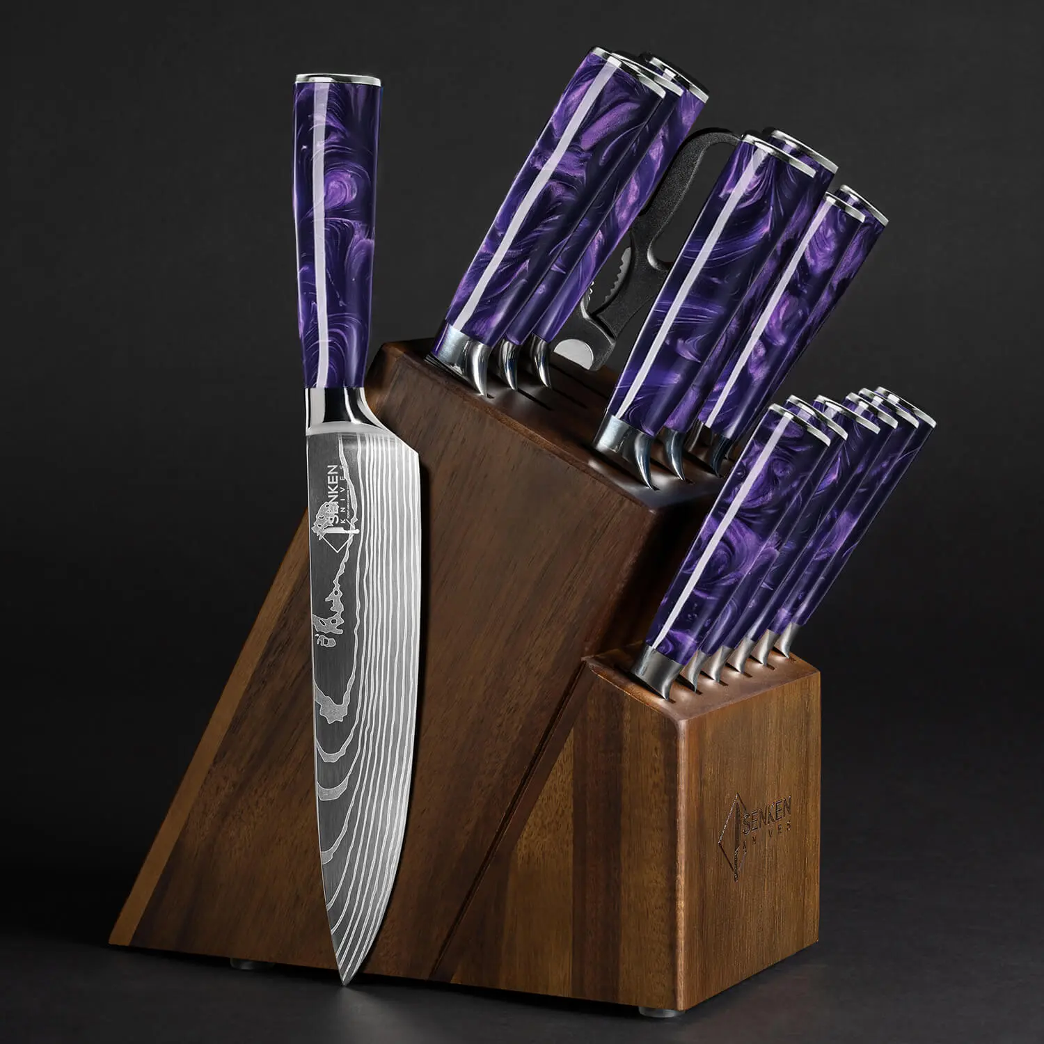 16-Piece Japanese Chef Knife Block Set  - Damascus Pattern Chef Knife Set, Steak Knives, Kitchen Shears - Purple Resin Handles - Senken Knives "Amethyst" Collection
