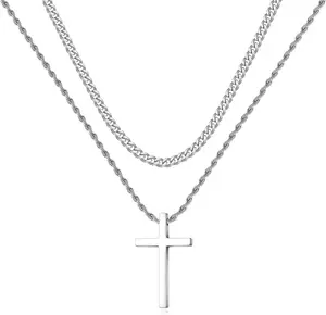 Men's Double Layer Cross Necklace - Silver