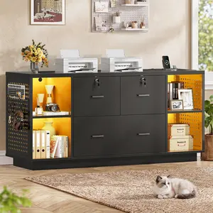 SEDETA 55" File Cabinet with Lock, Large 3 Drawers Filing Cabinets for Home Office, Lockable Printer Stand with Storage, Power Strip, LED Light & Pegboard