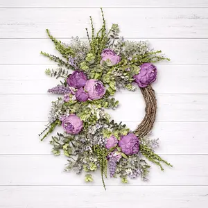 Peony Flower Wreath, 16-Inch Spring Summer Floral Wreath, Eucalyptus Leaf Decor, Farmhouse Front Door Wreath, Rustic Grapevine Wall Decoration, Faux Flower Wreath