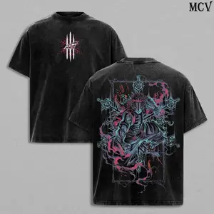 Sanlan SanlanDark Castle Themed Vintage Washed Heavy Cotton Tee, Oversized Manga Style Retro Streetwear Graphic Top Unisex Gift