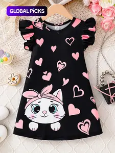 Girl's Cartoon Cat Print Ruffle Trim Dress, Heart Print Dress, Fashion Print Dress, Cute Casual Round Neck Dress for Summer, Kids Clothes for Daily Wear, Printed Dress