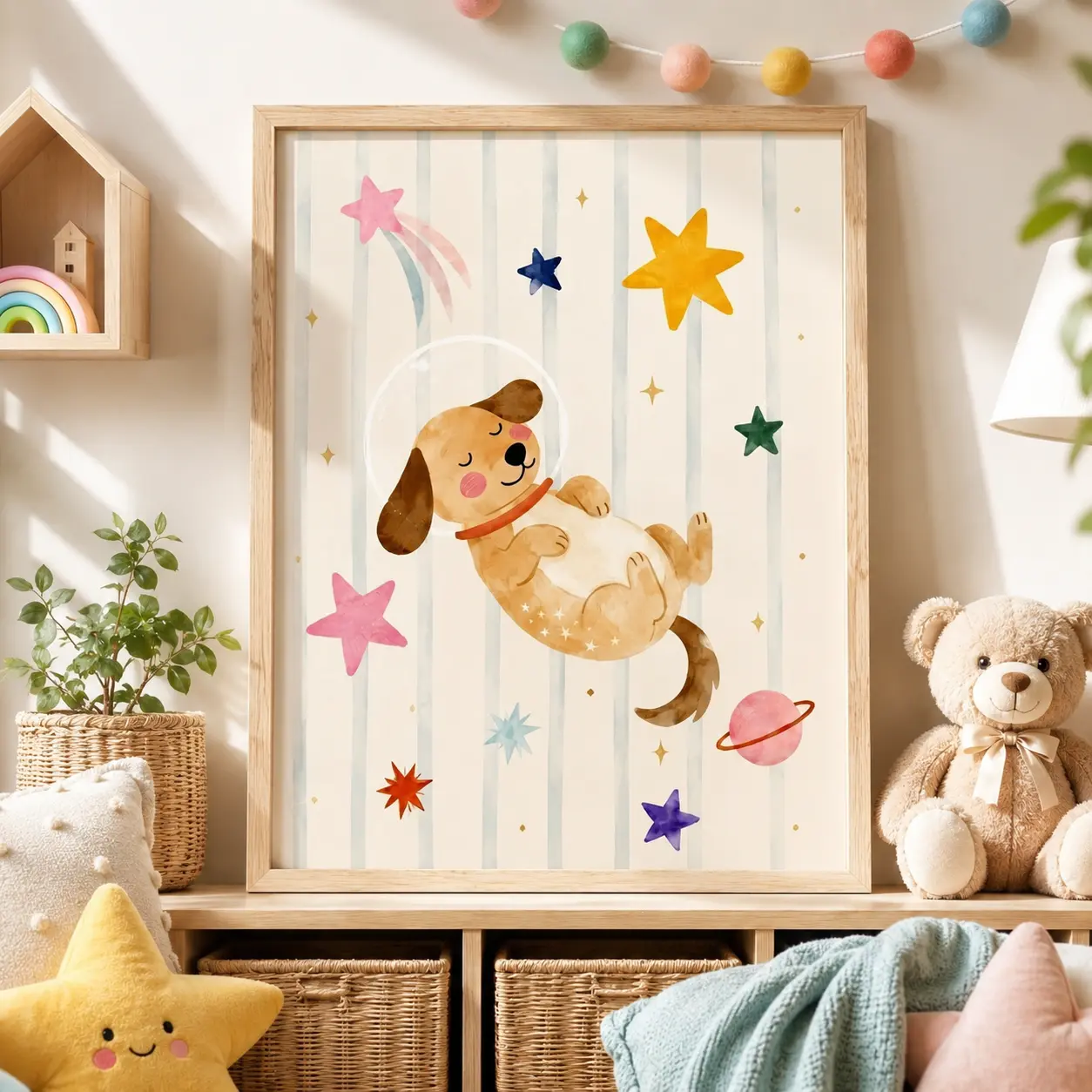 Puppy Astronaut Wall Art, Cute Space Nursery Poster, Colorful Star and Planet Print, Kids Room and Playroom Decor, Gift for Dog Lovers