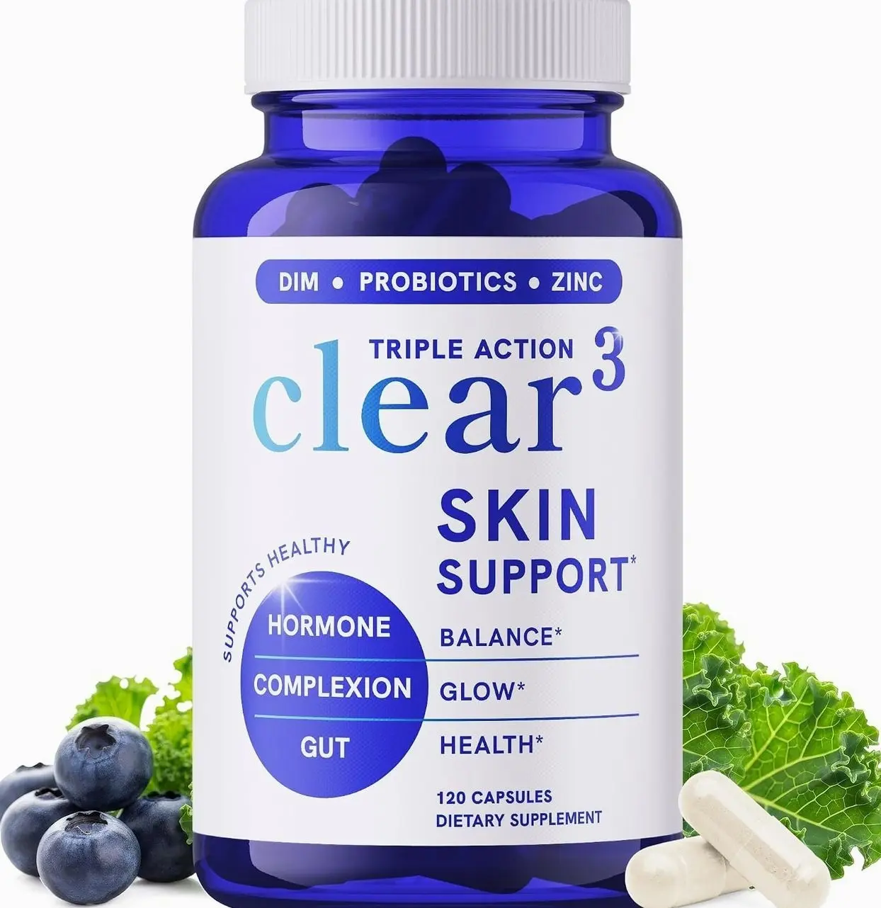 Clear Skin Supplement with Zinc, DIM & Probiotics | 3-in-1 Hormone, Gut & Complexion Support | Triple Action Hyaluronic Acid, Niaciminide & Vitamins for Skin Balance, Glow & Health Support | 120 Ct