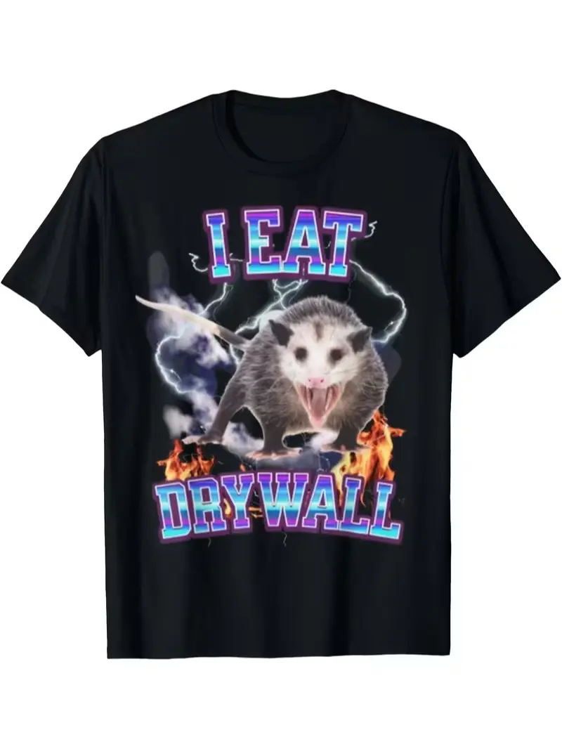 I Wear a Comfortable Black T-Shirt Featuring a Design about Eating Drywall Possum. It'S Perfect for Daily Use, Suitable for All Seasons, And Has a Loose Fit. This Retro-Style Tee Is Machine Washable And Ideal for Vintage Enthusiasts
