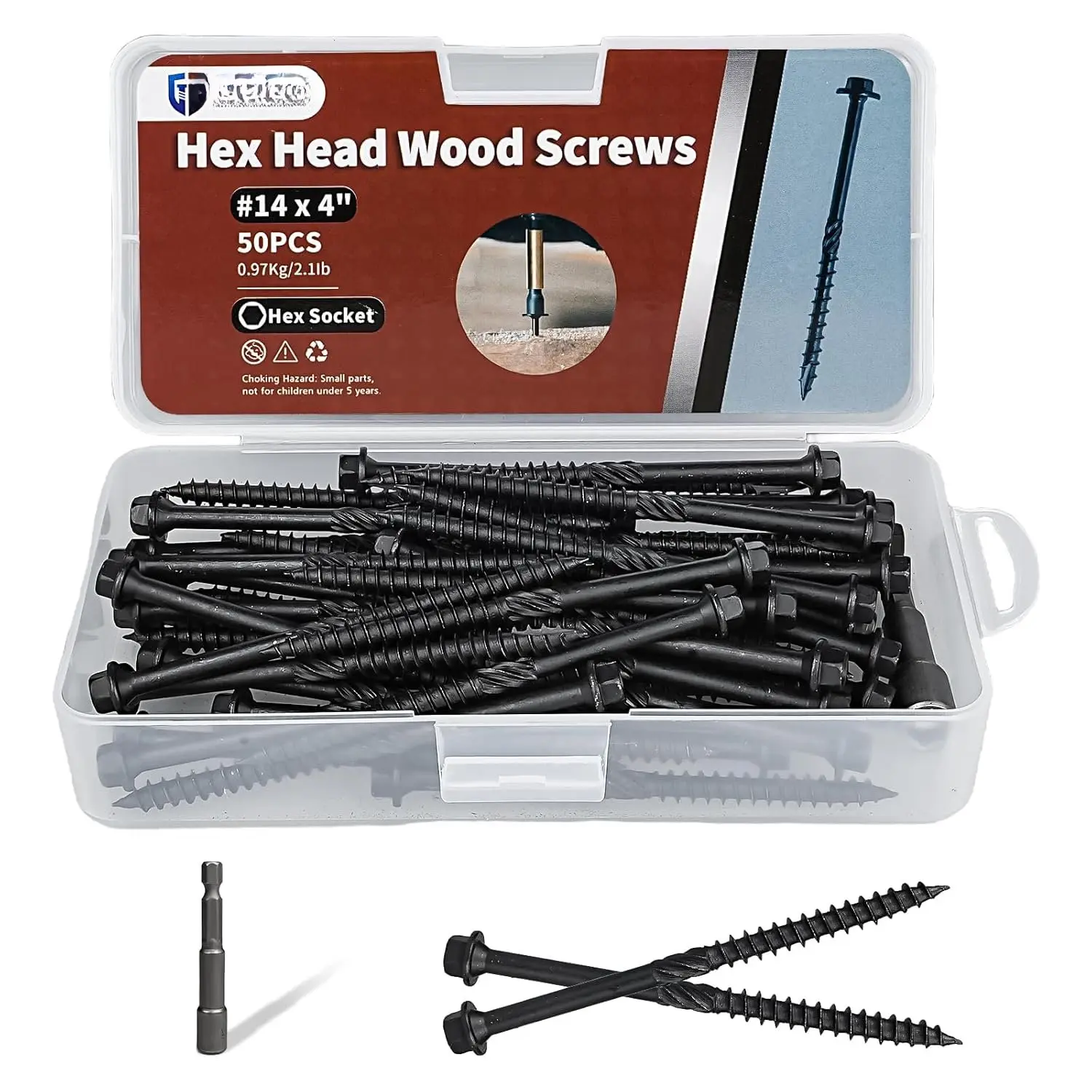 Lag Screws 4 Inch, 50 count #14 x 4 Heavy-Duty Structural  Screws, Hex Washer , Black Rust Resistant Coated, Long Outdoor Deck Screws for Timber Fence Log, Hex Socket Included