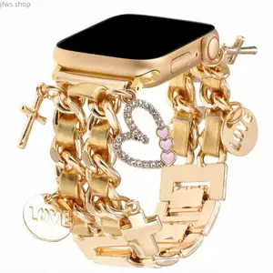 Cuban Chain Metal iWatch Band With Key Love Pendants Fashion Smart Watch Strap Compatible With iWatch Series 3 To 11 SE Ultra 3 Cute Wrist Accessory for Daily Wear
