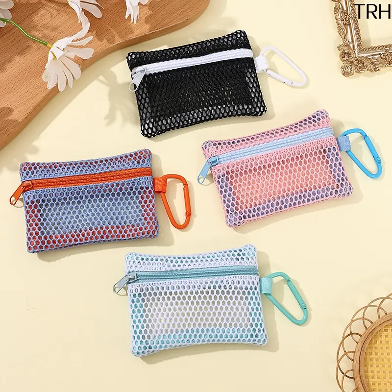 Mini Mesh Zipper Pouch with Carabiner Clip, Flat Portable Coin Lipstick Storage Bag, Breathable See Through Mesh Small Organizer for Travel Cosmetic Key Daily Accessories