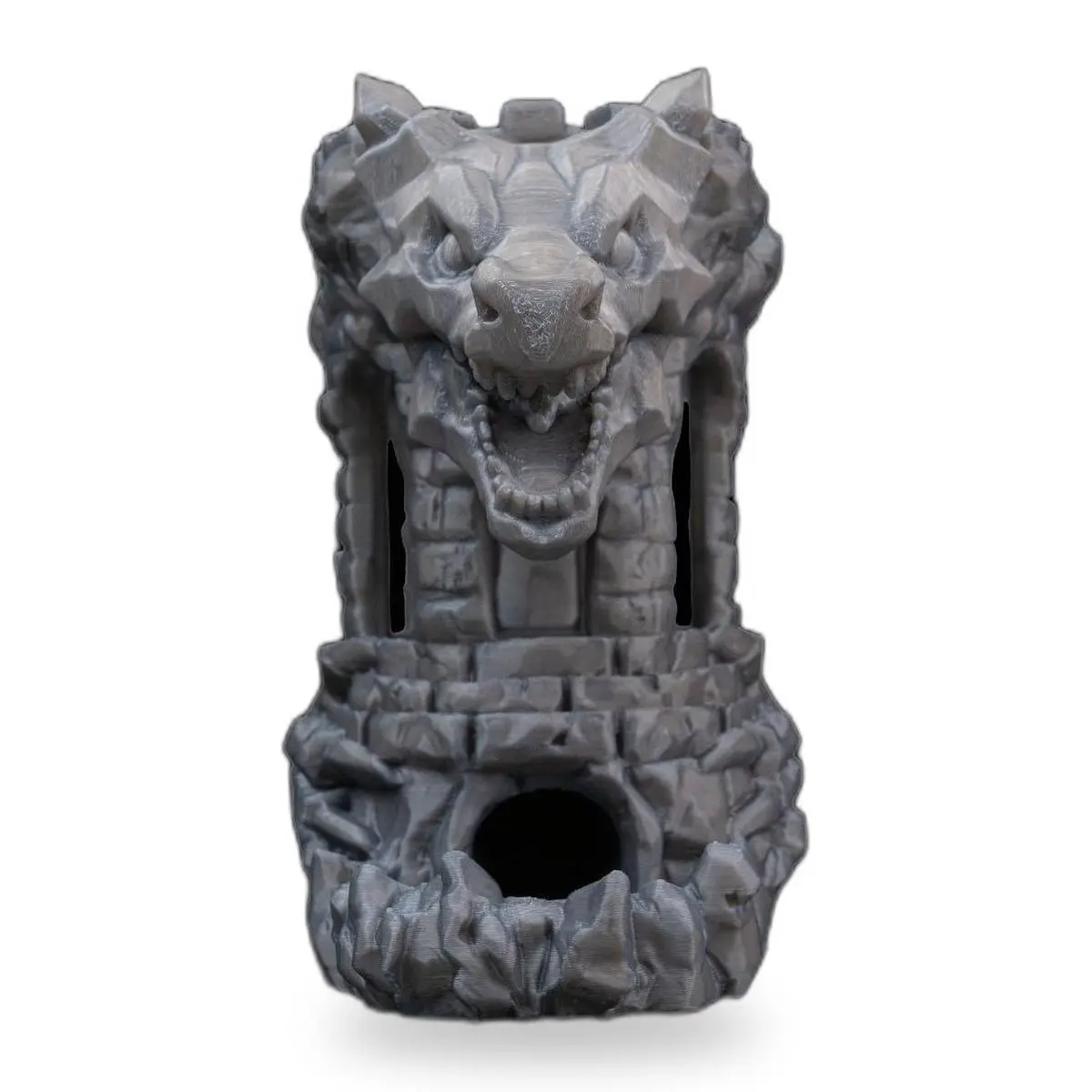 Dragon Fortress Can Holder and Dice Tower, Sleeve for a Standard 12 oz Can, Internal Ramps Roll Dice Out the Front Arch, Stone Grey, 14+