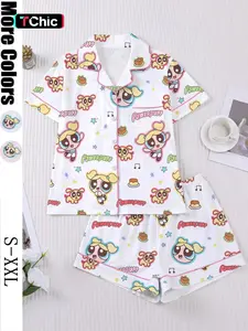 Flying Girl Print Women's Pajama Set, Short Sleeve Button-Up Soft Top and Loose Elastic Shorts, Casual Home Wear for Daily Use Nightwear Pjs