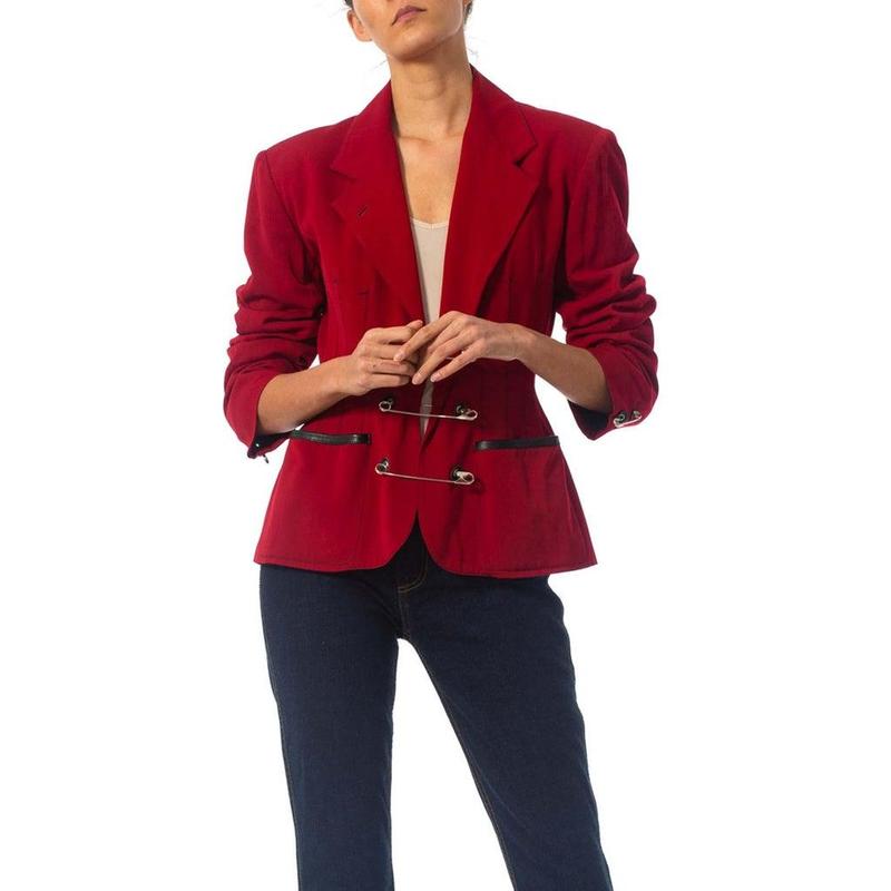 1980S JEAN PAUL GAULTIER Red Wool Very Rare Jacket With Leather And Oversized Safety Pin Details