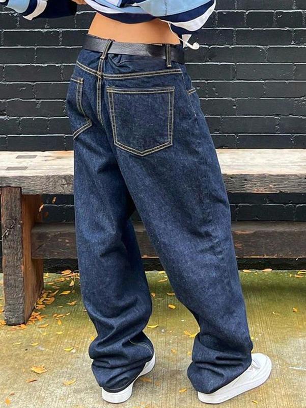 Apperloth Women Street Style Dark Blue Jeans Basic Baggy Denim Pants Trousers