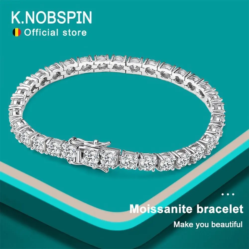 KNOBSPIN 2mm Moissanite Tennis Bracelet 925 Sterling Silver Plated White Gold Bracelet for Women Man Sparkling Party Jewelry