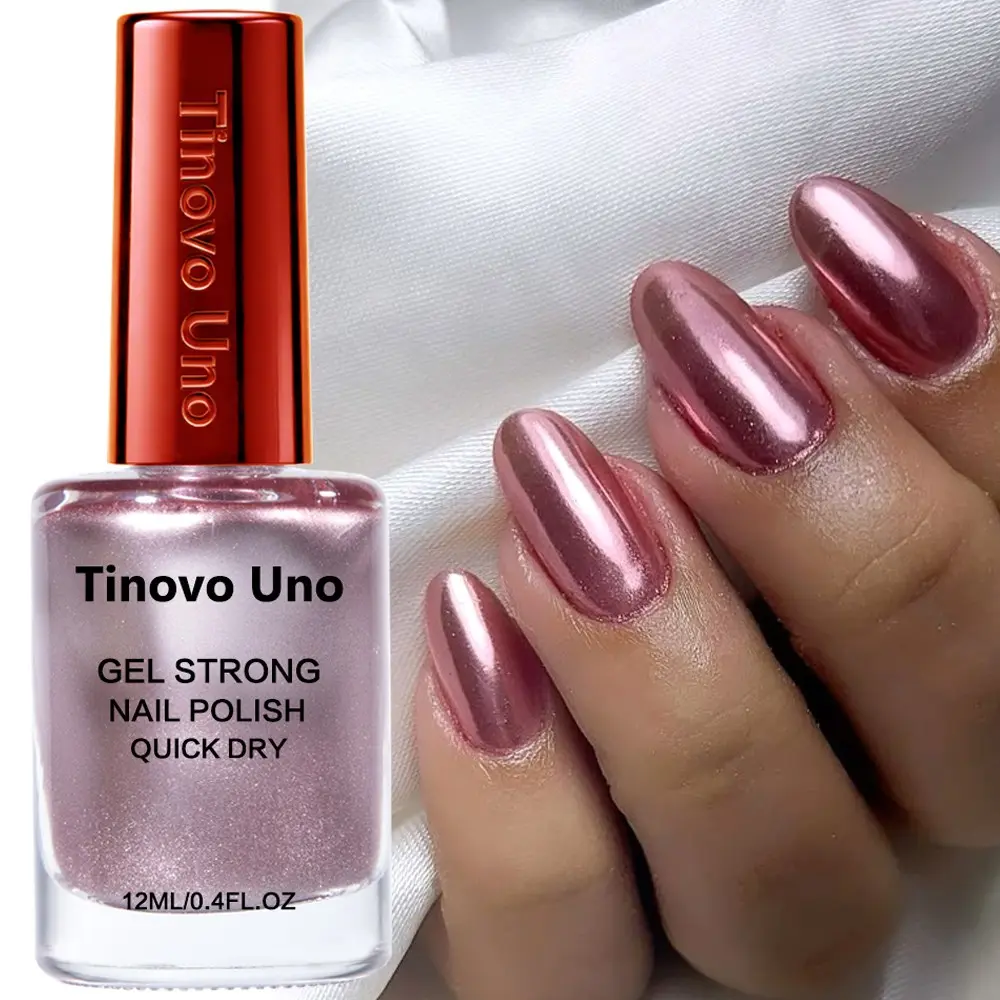 Tinovo Uno New Arrival 12ml Metallic Rose Golden Color Chrome Effect Gel Nail Polish Lacquer, Fast Dry, No UV/LED Cure, Chrome Shine, High Gloss Sparkle, Protect Nails, Get Stronger Nails, Nail Care, Perfect Holiday Gift, Original Brand Red Logo Cap