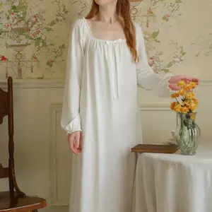 Women Cotton Palace Long Sleeve Loose White Nightgown Soft Pajamas Sleeping Robe Thin Sexy Retro French Nightdress 2024 New